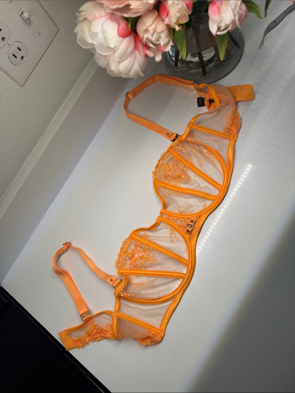 Honey Birdette Sheer Orange Lace Underwire Bra - Women Accessories 38DD/E